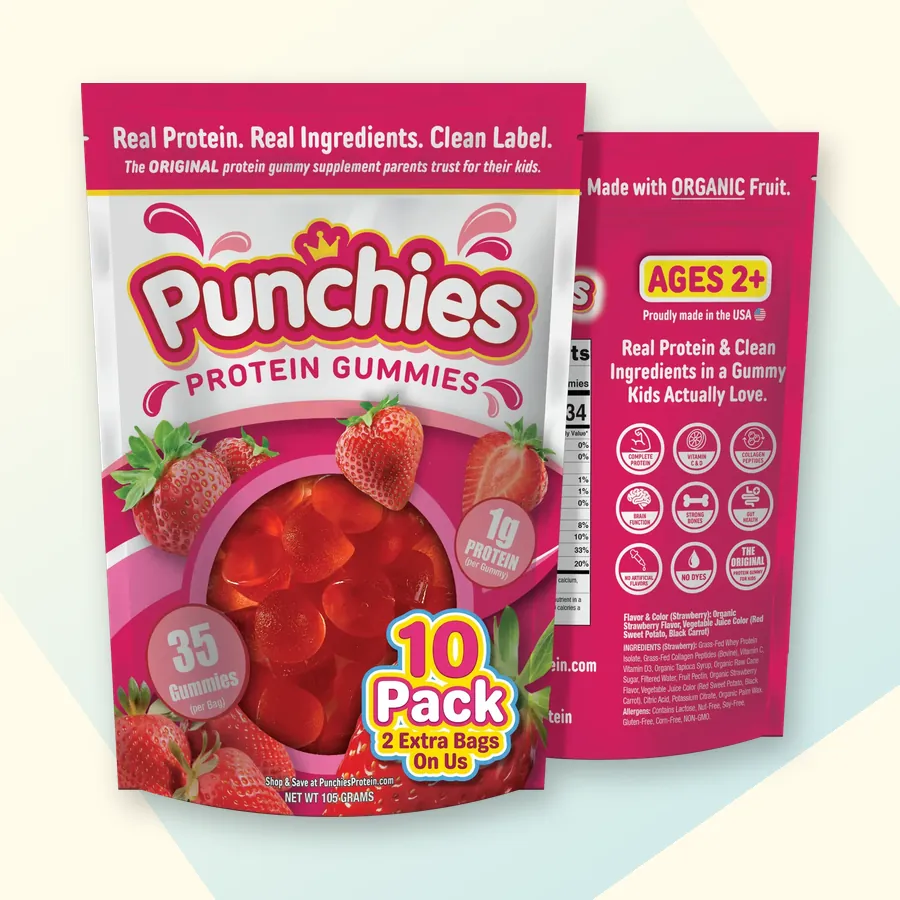 Vitamin D gummies for kids: Punchies strawberry protein gummies, 10-bag pack