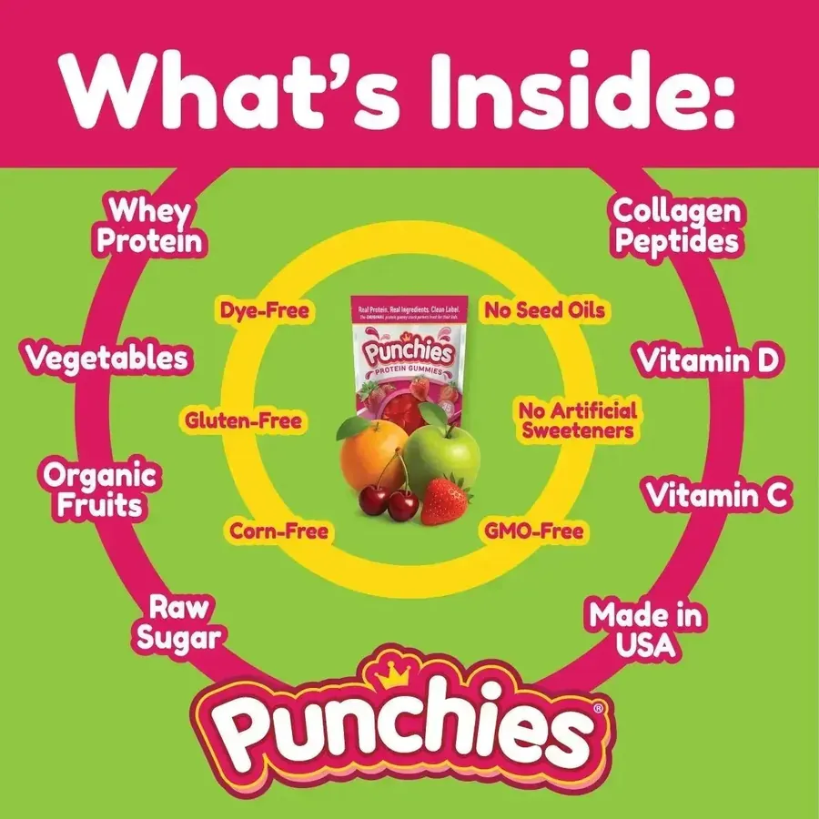 Vitamin D gummies for kids: what is inside Punchies protein gummies: whey protein, collagen peptides, vitamin C and D, organic fruits and raw sugar