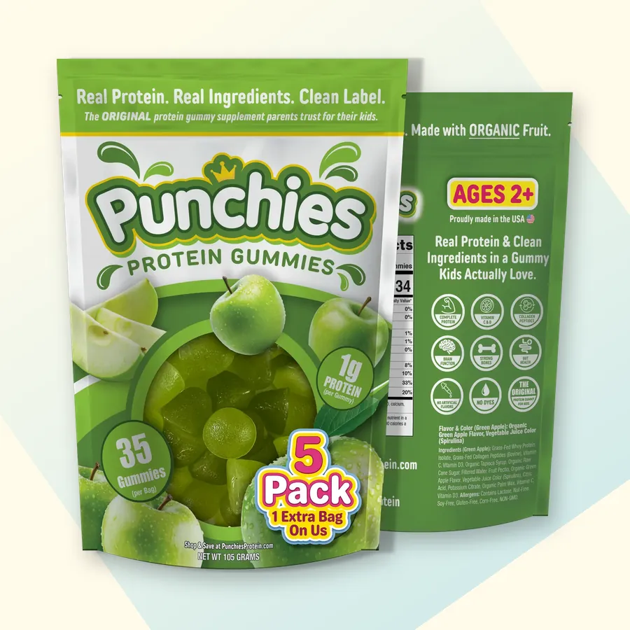 Vitamin D gummies for kids: Punchies green apple protein gummies, 5-bag pack