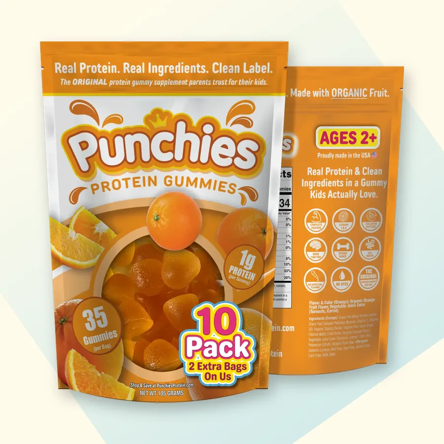 Vitamin D gummies for kids: Punchies orange protein gummies, 10-bag pack